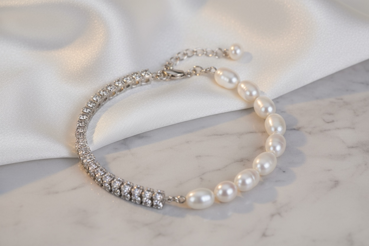 BIJOU Luxury MixMedia Rhinestone Bracelet – Stainless Steel, Gold, Rhinestone & Fresh W Pearl